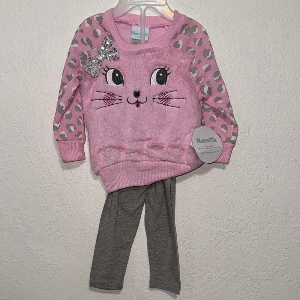 Nannette Pink Cat Face Sweater with Gray‎ Accents